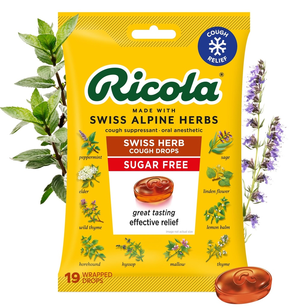 Ricola Sugar Free Swiss Herb Cough tilgad, 19 Count, Cough Suppressant & Throat leevendavad tilgad looduslikult saadud mentooliga, Köha maitse ja kurgu ärrituse sümptomite leevendamine