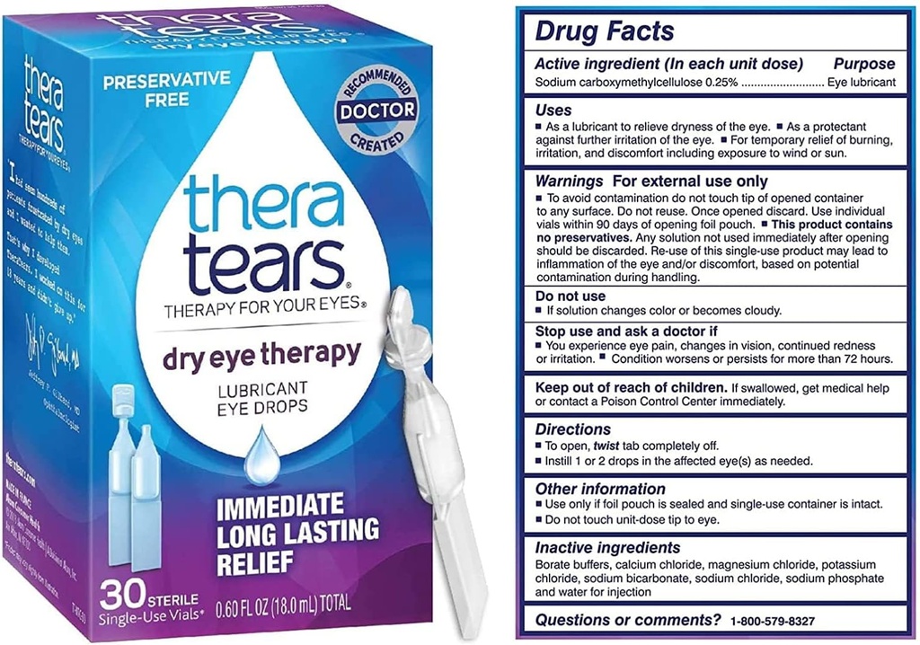 TheraTears Dry Eye Therapy Lubricating Eye Drops for Dry Eyes, Preservative Free eye drops, 30 Single-Use Vials (3 Pack)
