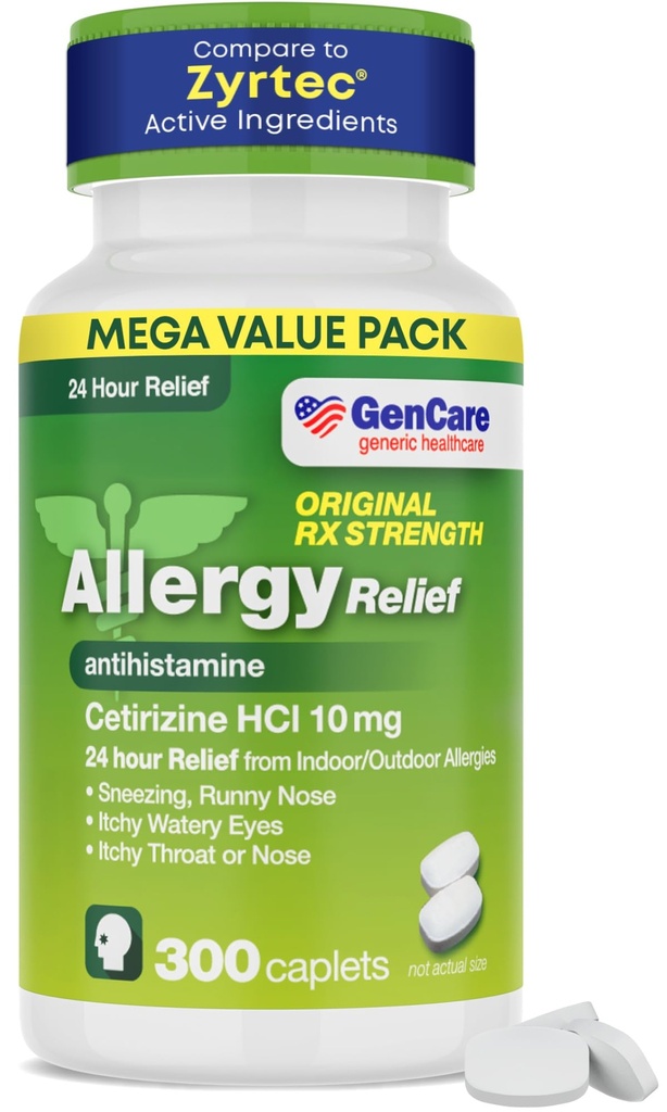 GenCare - Cetirizine HCL 10 mg (300 Caplets) - 24-tunnise allergia leevendamise tabletid - mitte-uimastav üldine OTC allergia ravim - aevastamise, runny nina ja sügelevate silmade antihistamiinikum - geneeriline Zyrtc
