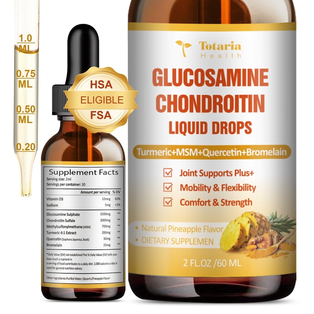 Glükoosamiin Kondroitiin MSM Vedelik tilgad FSA-HSA - ühine tugilisa mobiilsus, paindlikkus ja luud Kondroitiin Sulfate Lisand Kurkum, Quercetin, Bromelain, MSM Oil 2 FL.OZ