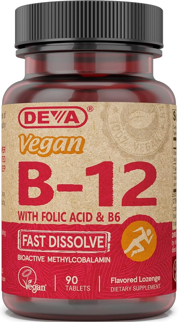 Deva Vegan Vitamiin B12 Kiiresti lahustuv täiendus - Kord päevas kompleks 1000 Mcg Metüülkobalamiin B12, foolhape, B6 - Sidrunimaitse - 90 lahustuvat tabletti, 1-pakk