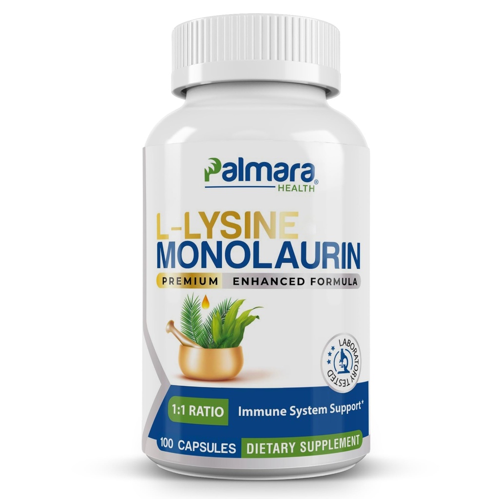 Palmara Health L- lüsiin + monolauriin 600mg 1: 1 suhe, 1 pakend, 100 kapslit