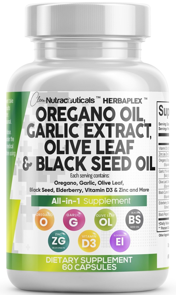 Puhas Nutra Oregano õli musta seemne õli küüslaugu lehtekstrakt - Oregano kapslite õli Immuunsüsteemi tugikarvakrool ja tümokinooni lisand naistele ja meestele + Elderberry D3-vitamiin ja tsink