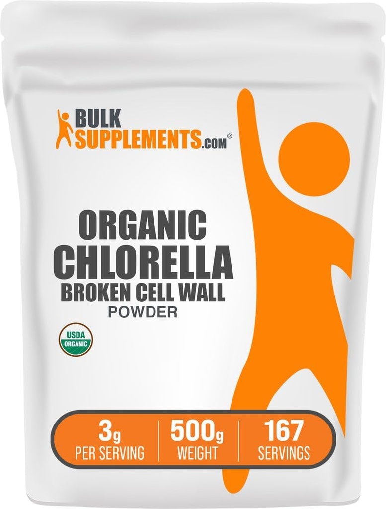 BulkSupplements.com Orgaaniline Chlorella pulber - Broken Cell Wall, Green Superfood Powder, Chlorella Supplement - Gluteenivaba, 3g per Serving, 500g (1,1 naela) (pakk 1)