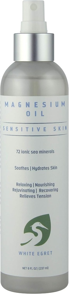 Valge Egret | Magneesiumõli Spray tundlik nahk 72 ioonilise mere mineraalidega | rahustav, toitev, noorendav ja taastav omadused | 8 Fl Oz