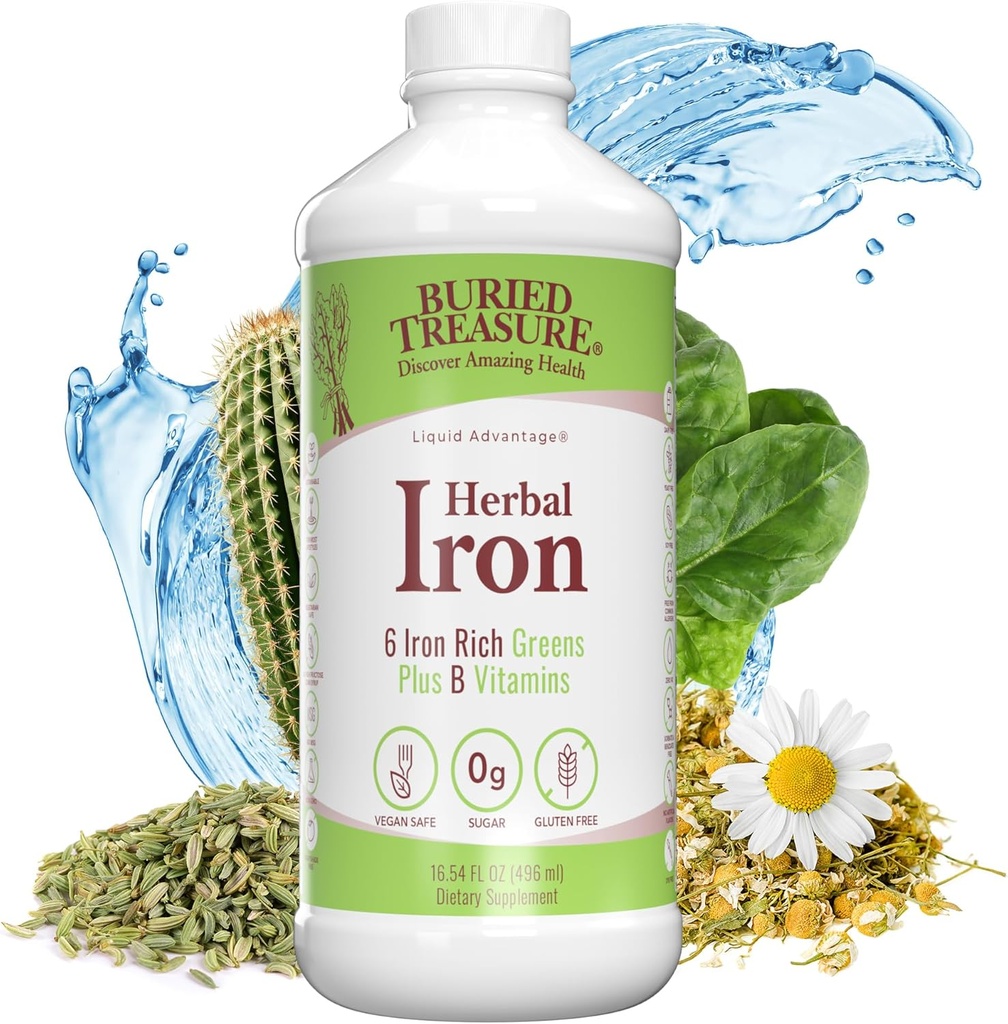 Buried Treasure Herbal Iron - 48 Servings, Liquid Iron and Herbal Supplement, Vitamin C & B Complex Vitamins, Iron-rich Greens, Vegan Iron for Men and Women