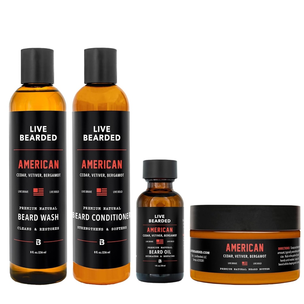 Live Bearded Complete Beard Grooming Kit - Wash, Conditioner, Butter and Oil - Made in the USA with All-Natural Ingredients - Mens Groom Set | American Scent - Cedar, Vetiver, Bergamot