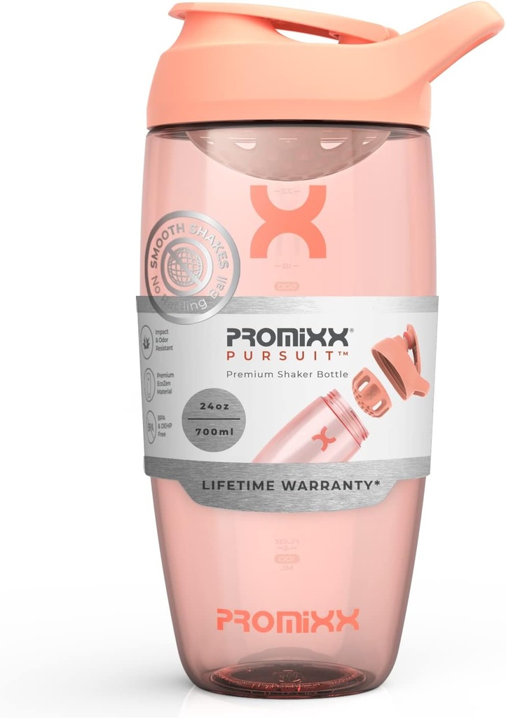 Promixx Pursuit Protein Shaker Bottle (24 oz) – Silent No-Ball Mixer, Leak-Proof Lid, BPA/BPS & Phtalaat-Free ECOZEN – Easy-Clean Shaker Cup for Protein Shakes, Pre & Post-Workout Smoothies