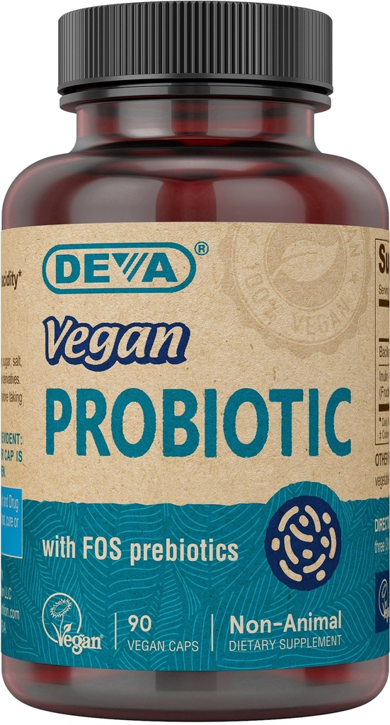 DEVA Vegan Probiootikum koos FOS Prebiootikumidega Täiendus - 2 miljardit CFU-d 100 MG prebiootikumidega meestele ja naistele - mitte-piimane gluteenivaba - loomulikult stabiilne - 90 kapslit