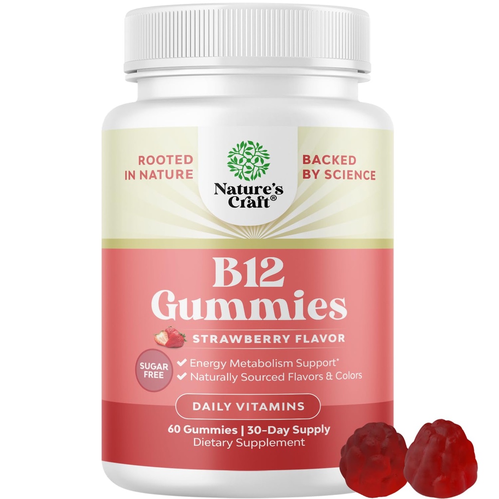 Vitamiin B12 Kummid täiskasvanutele - Suhkruvaba Vitamiin B12 1000 mcg Närimiskummid energia ja meeleolu toetamiseks Immuunsus ja närvid Tervis - Kosher Non-GMO & Gluten tasuta toidulisand naistele ja meestele - 60 Count