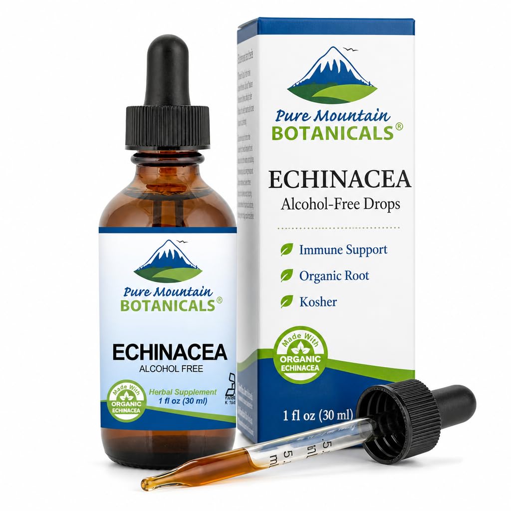 Pure Mountain Botanicals Vedel Echinacea tilgad - Kosheri tinktuur Alkoholivaba ekstrakt - 500mg Orgaaniline Echinacea - 1oz Pudel