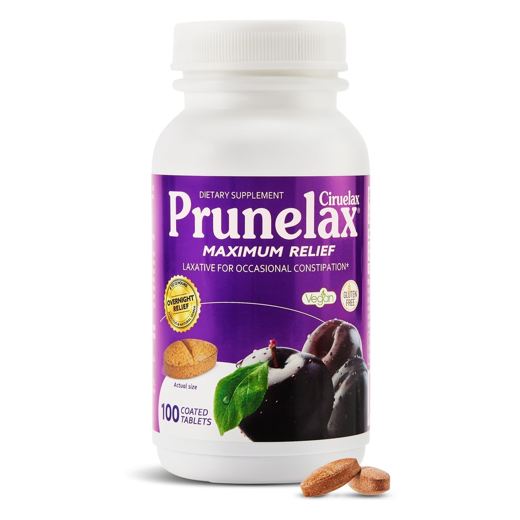 Prunelax Ciruelax Maksimaalne leevendus lahtistav tablett koos Natural Senna aeg-ajalt kõhukinnisus, Senna ekstrakt, Vegan & Gluteenivaba, õrn üleöö Relief - 100 ct