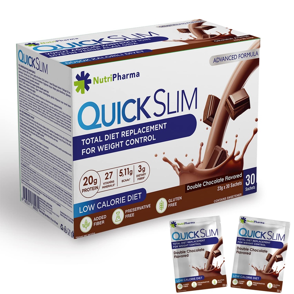 Kiire Slim Meal Asenduskoks kaalulangus, 30 Servings, 20g Valgu, 27 Vitamiinid ja mineraalid, Dietary Fiber, Low Carb, Gluteenivaba (topeltšokolaad, 30 kotikest)