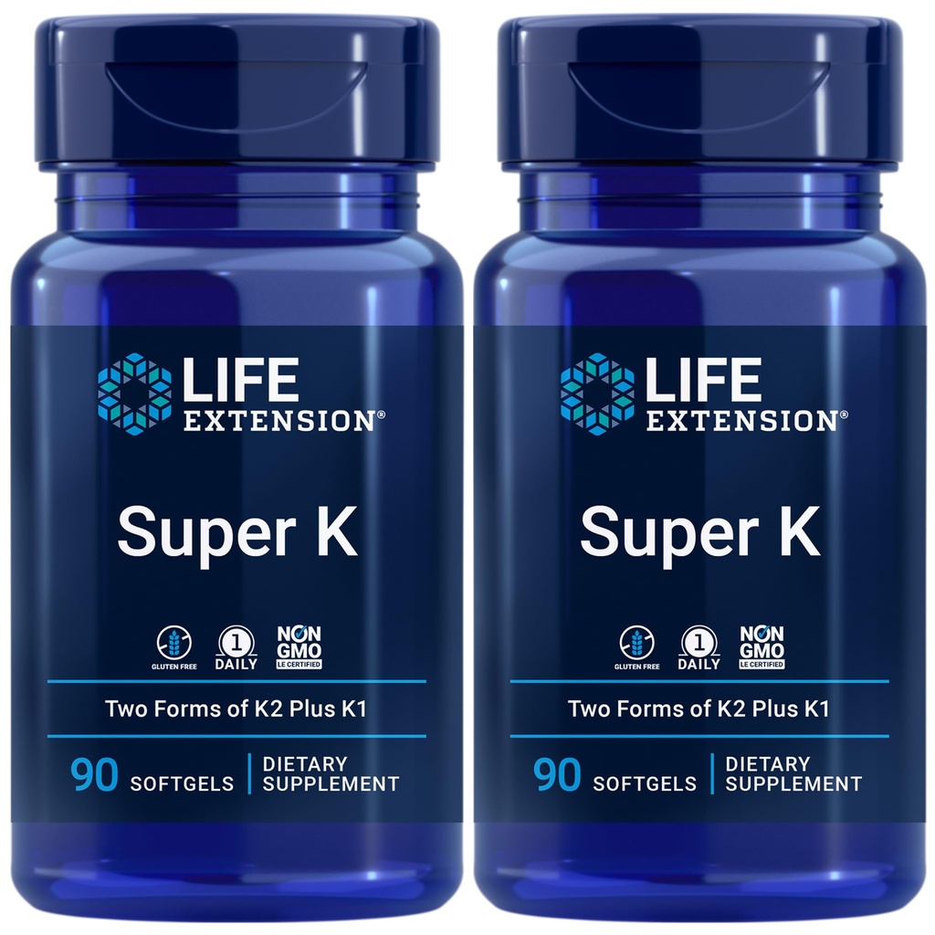 Elu pikendamine Super K, Vitamiin K1, Vitamiin K2 mk-7, Vitamiin K2 mk-4, Vitamiin C, luu / süda / arteriaalne tervis, 3-kuu pakkumine, Gluteenivaba, 1 igapäevane, mitte-GMO, 90 pehmegeeli (Pakk 2)