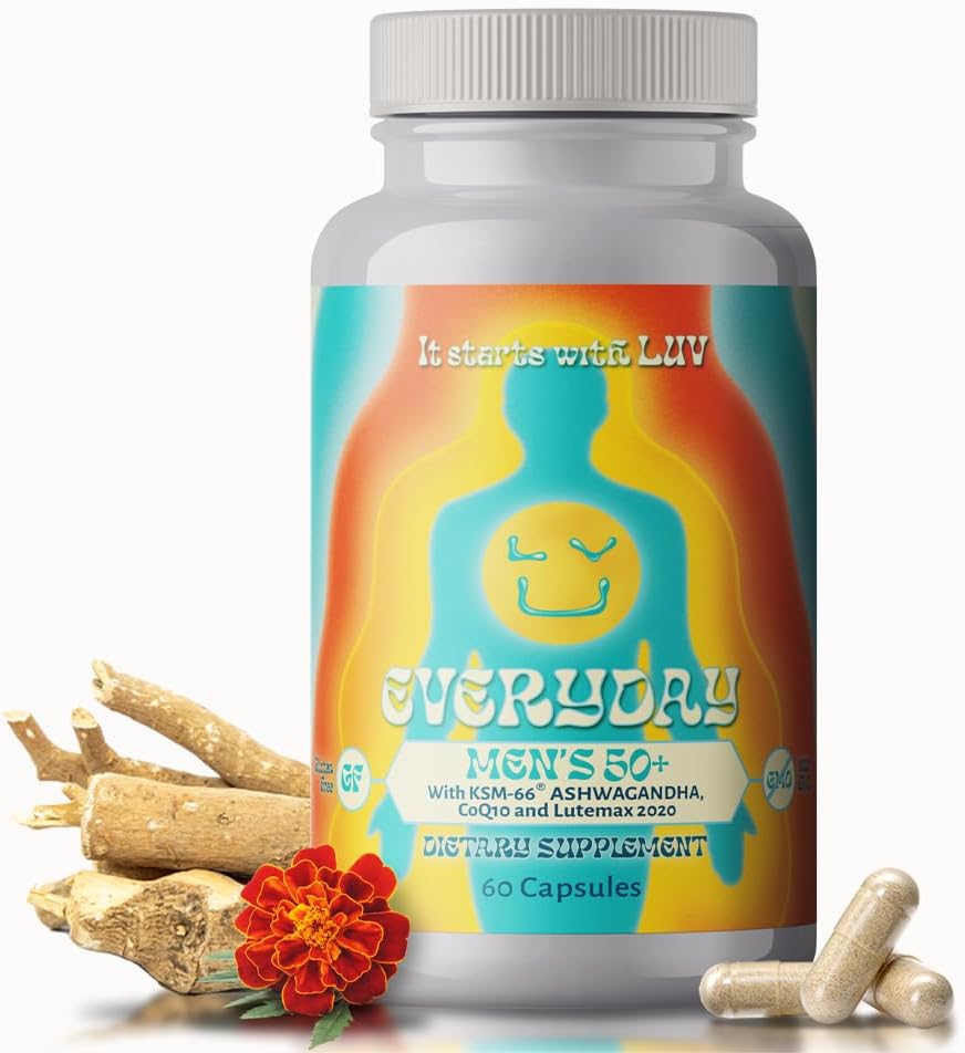 LUV Everyday TM meeste 50+ multivitamiini - täiskasvanute valem Päevane toitumisalane tugi raua, kaltsiumi, KSM-66 Ashwaganda, CoQ10, lükopeeni ja Lutemax 2020-ga - taimetoitlane Gluteenivaba ja mitte-GMO - 60 kapslit