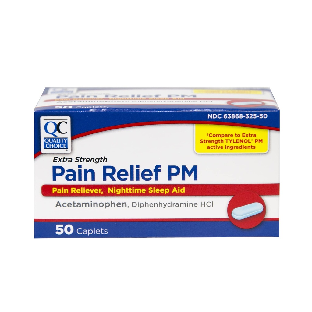 Kvaliteetne valik Täiendav tugevus Valu leevendamine PM, valu leevendamine ja öine uneabi, atsetaminofeen 500 mg ja difenhüdramiin HCI 25 mg (uneabi), 50 kapslite loend