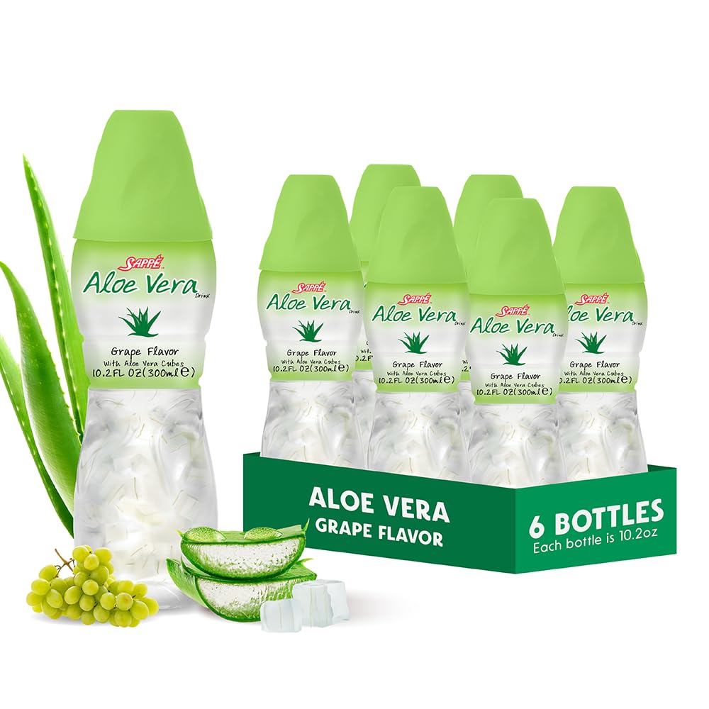 Aloe vera mahl (viinamarjamaitseline), millel on suuremad puhta aaloe viljaliha tükid (6 pakendit) Taimne mahl on suurepärane hüdratsiooniks ja sisaldab suurt aaloe viljaliha. See on tervislik täiskasvanutele ja lastele