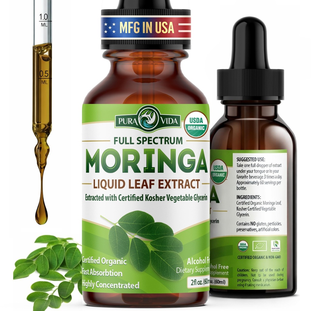 PURA VIDA MORINGA Lehtekstrakt Vedelad tilgad - USDA orgaaniline sertifitseeritud - kõrgelt puhastatud, biosaadav ja kiirem imendumine kui Moringa pulber või kapslid - ühe päritolu Moringa Oleifera lehtede ekstrakt