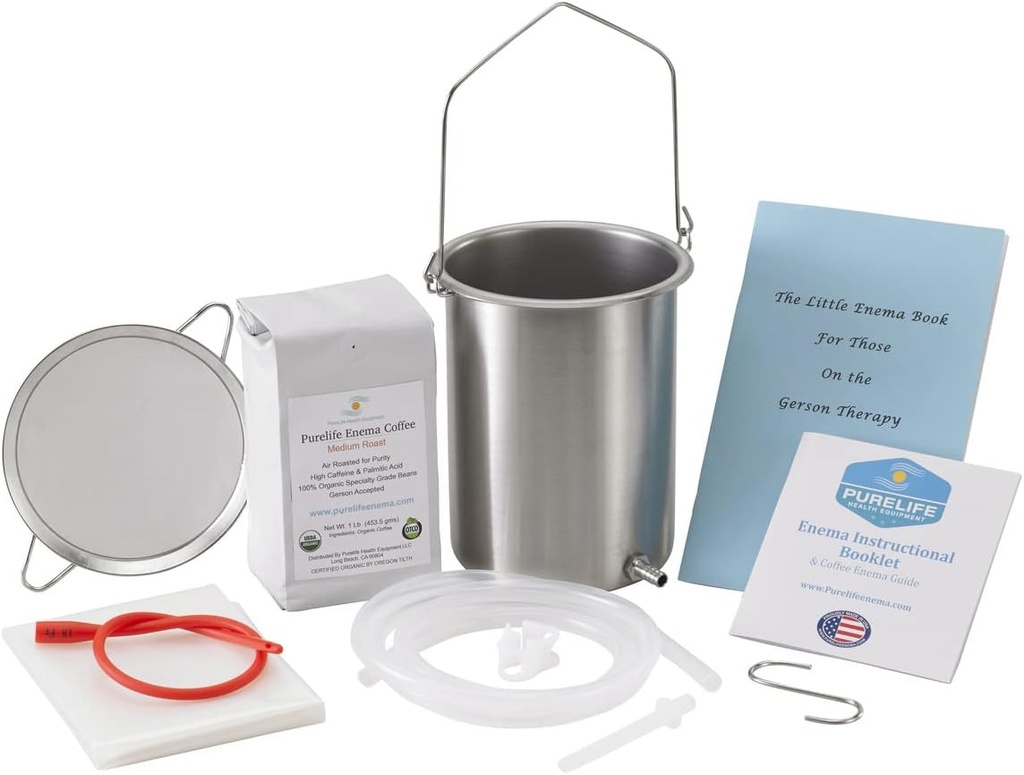 PureLife Coffee Enema Kit- Valmistatud USA-s - Kõik, mida vajate Kit - 2 Qt USA roostevabast terasest Enema Bucket - Lab testitud orgaaniline klistiir Kohv - Hallitus, seen, Mycotoxin Free - 1 nael - Kohvi tüvi