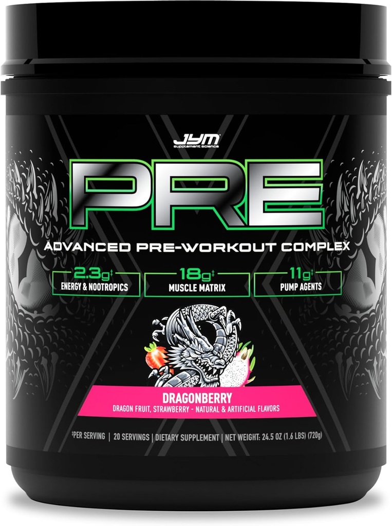 JYM Supplement Science Pre JYM X Dragonberry Advanced Pre-Workout Pumps, tsitrulliinnitraat, Dünaamiin, NO3T Betaiin, BCAA, Nootroopika, Kreatiin, Beeta-alaniin, 20 Servings