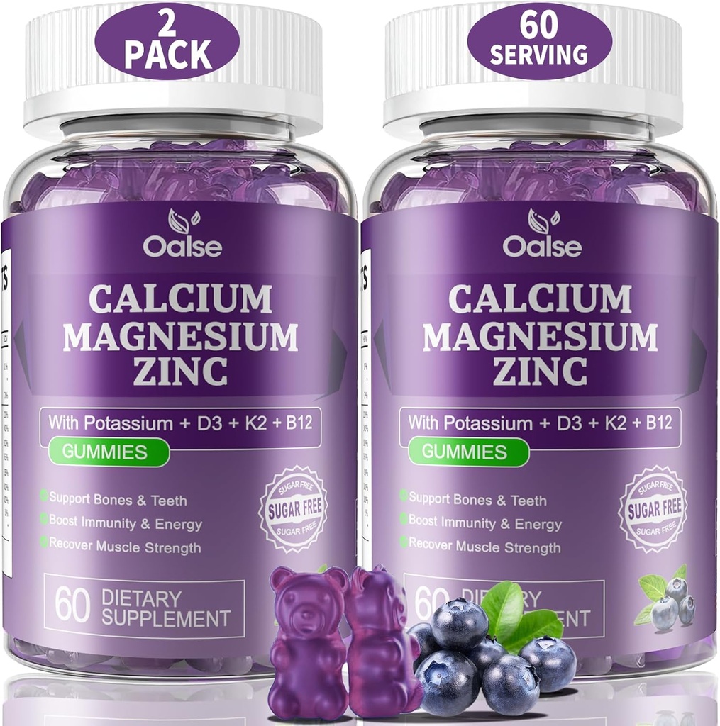 (2 Pack) OALSE Kaltsium Magneesium Tsink Kummid vitamiin D3 ja K2-Suur imendumine Magneesium Glütsinaat-lihased, Immuun- ja Sleep Support-Sugar Vaba- Mustika Maitsestatud-120 Loeb