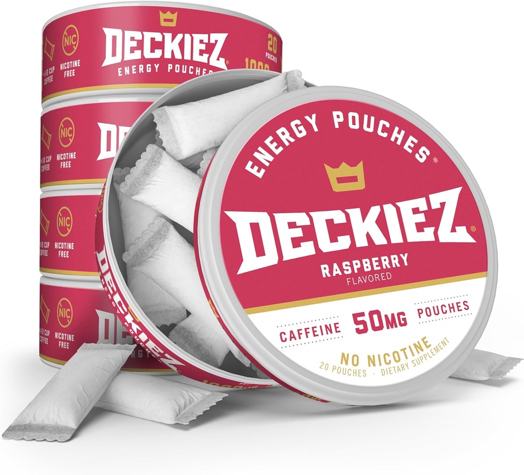 Deckiez energiakotid, 5 purki (100 serveerimist), suhkruvaba kofeiinilisand, kohvipakid ja energiajook Alternatiivne, 50 mg kofeiinipakid, vaarikamaitse