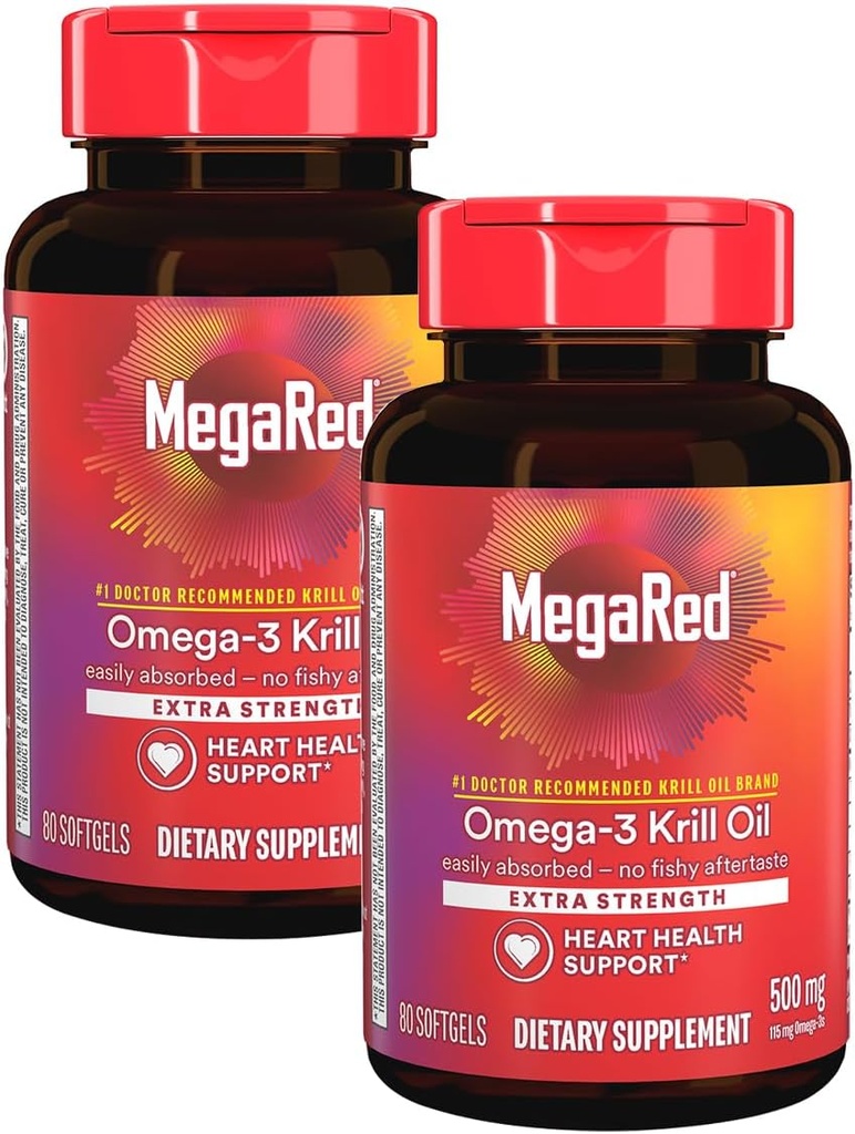MegaRed Extra Strength 500mg Omega-3 Krill Oil Supplement with EPA/DHA, No Fishy Aftertaste Supports Heart Health, 80 Count Softgels (2 Pack)