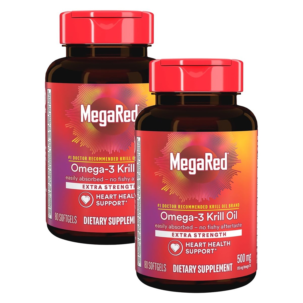 MegaRed Extra Tugevus 500mg Omega-3 Krill õlilisandiga EPA / DHA, ei kala maitse toetab südame tervist, 80 Count Softgels (2 Pack)