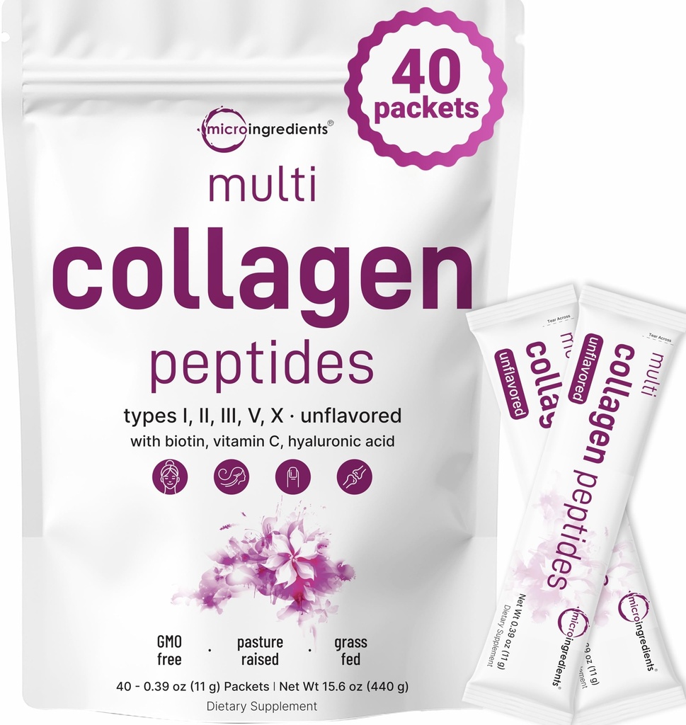 Mikrokoostisosad Multikollageenpeptiidid Pulber, 40 kleeppakendit | Tüüp I, II, III, V, X + biotiin, C-vitamiin ja hüaluroonhape | Maitsestamata | Toetab juuste, naha ja liigeste tervist | Keto, Non-GMO
