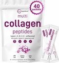 Mikrokoostisosad Multikollageenpeptiidid Pulber, 40 kleeppakendit | Tüüp I, II, III, V, X + biotiin, C-vitamiin ja hüaluroonhape | Maitsestamata | Toetab juuste, naha ja liigeste tervist | Keto, Non-GMO
