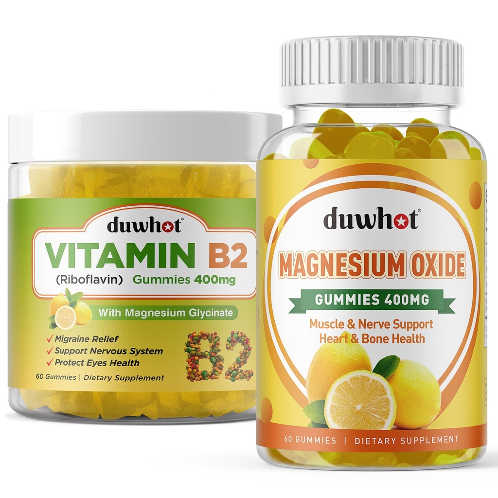 Migreen Relief - Vitamiin B2 Gummies (Riboflaviin) 400mg & Magneesiumoksiid Gummies 400mg, Peavalu Relief & Närvisüsteemi Toetus