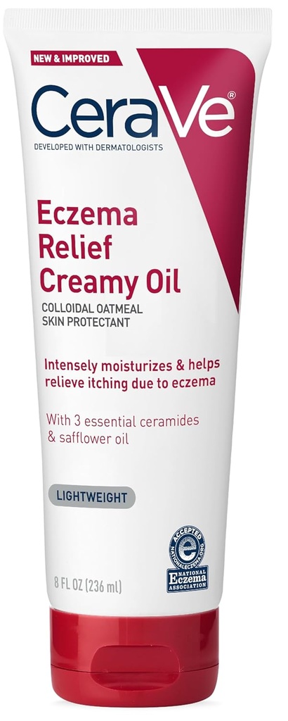 CeraVe Eczema Relief Creamy Body Oil, Eczema Calming Cream Colloidal Kaerahelbed & Safflower Oil for Dry Naha & Itchy Naha Relief, Steroid Free & Paraben Free, 8 Ounce