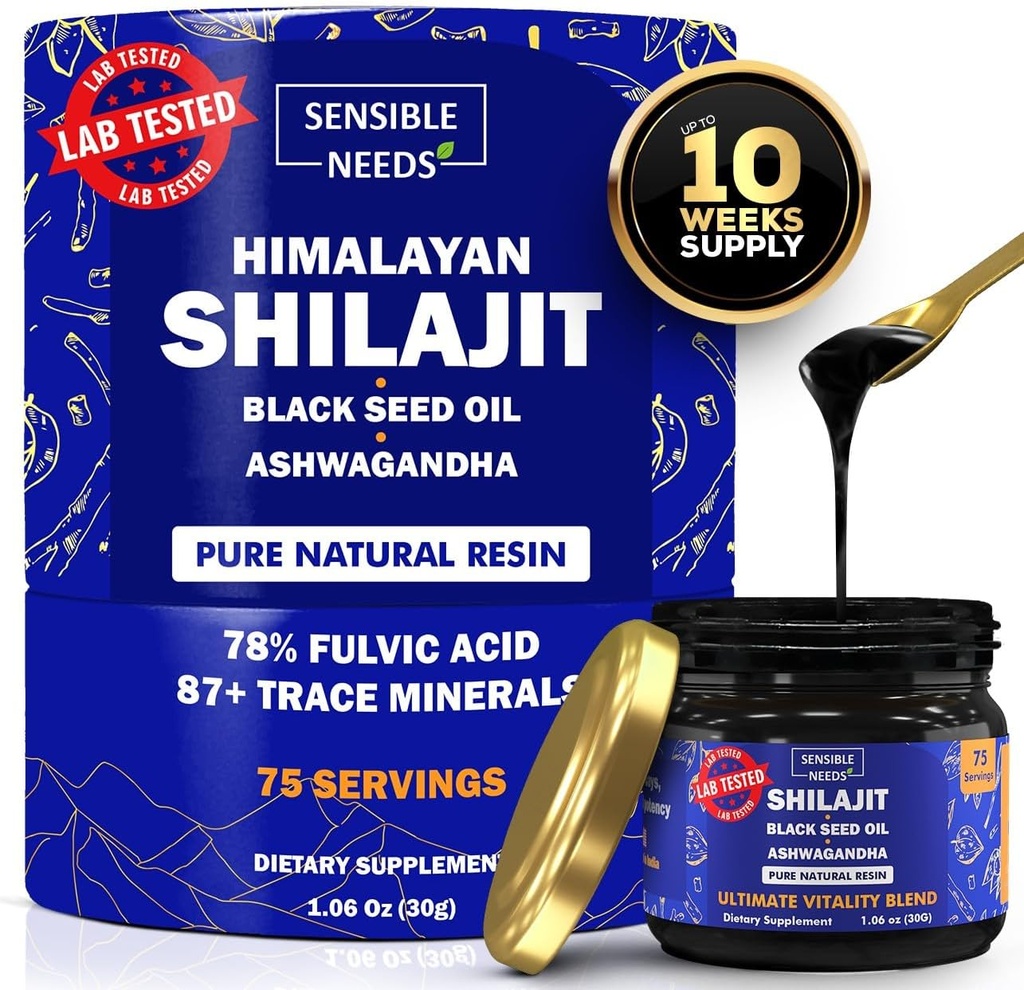Puhas Himaalaja Shilajit Orgaaniline Vaigu Täiendus, Shilajit meestele ja naistele musta seemne õli ja ashwagandha, energia, immuunsus, 78% Fulvic Acid, 87+ Jäljemineraalid, 400 mg