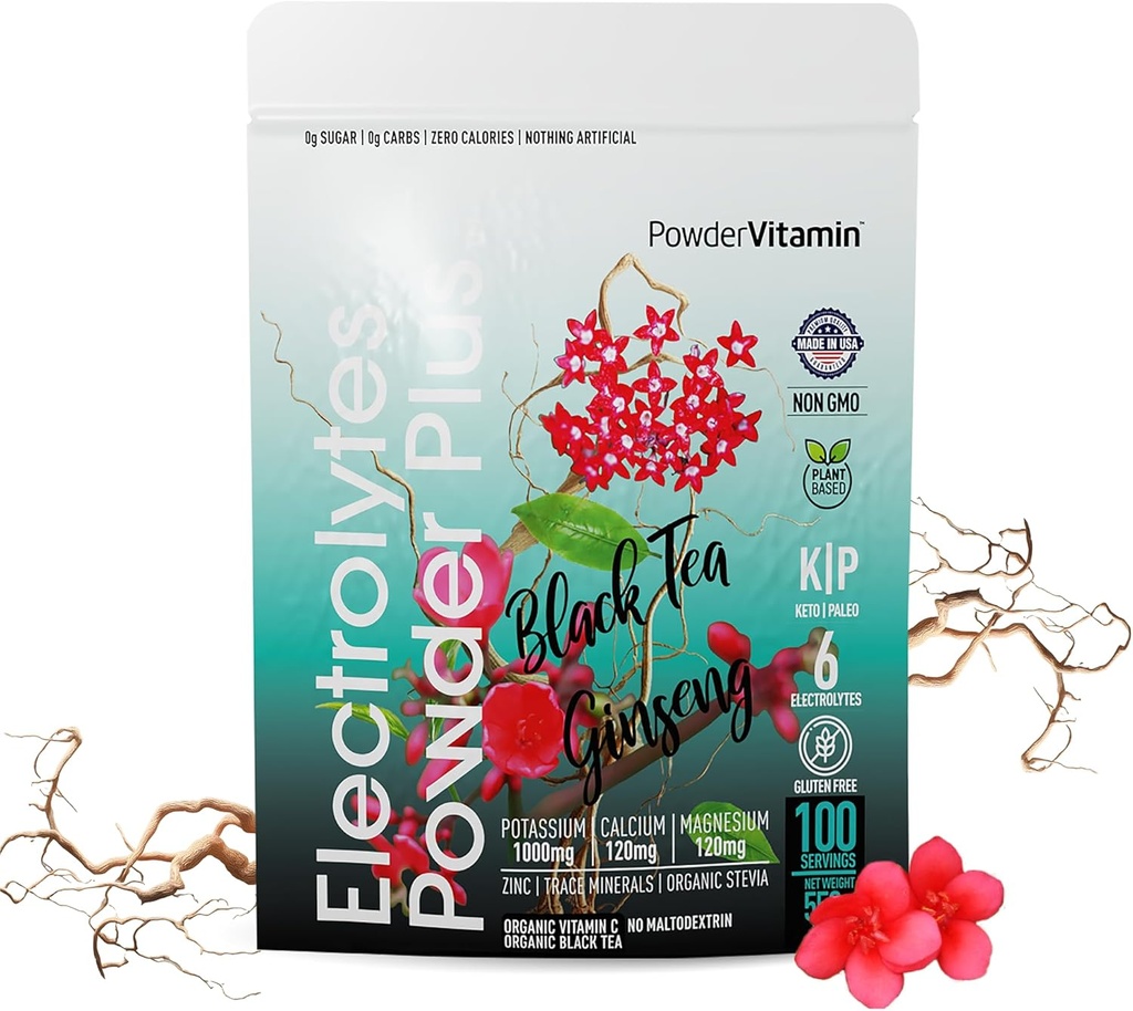 PowderVitamin Electrolytes Powder Plus (100 Servings) Must tee ženšenni elektrolüüt pulber Keto, suhkruvaba, roosa Himaalaja sool, 1000mg kaalium, 150mg Kaltsium, 150mg Magneesium, hüdraatpulber