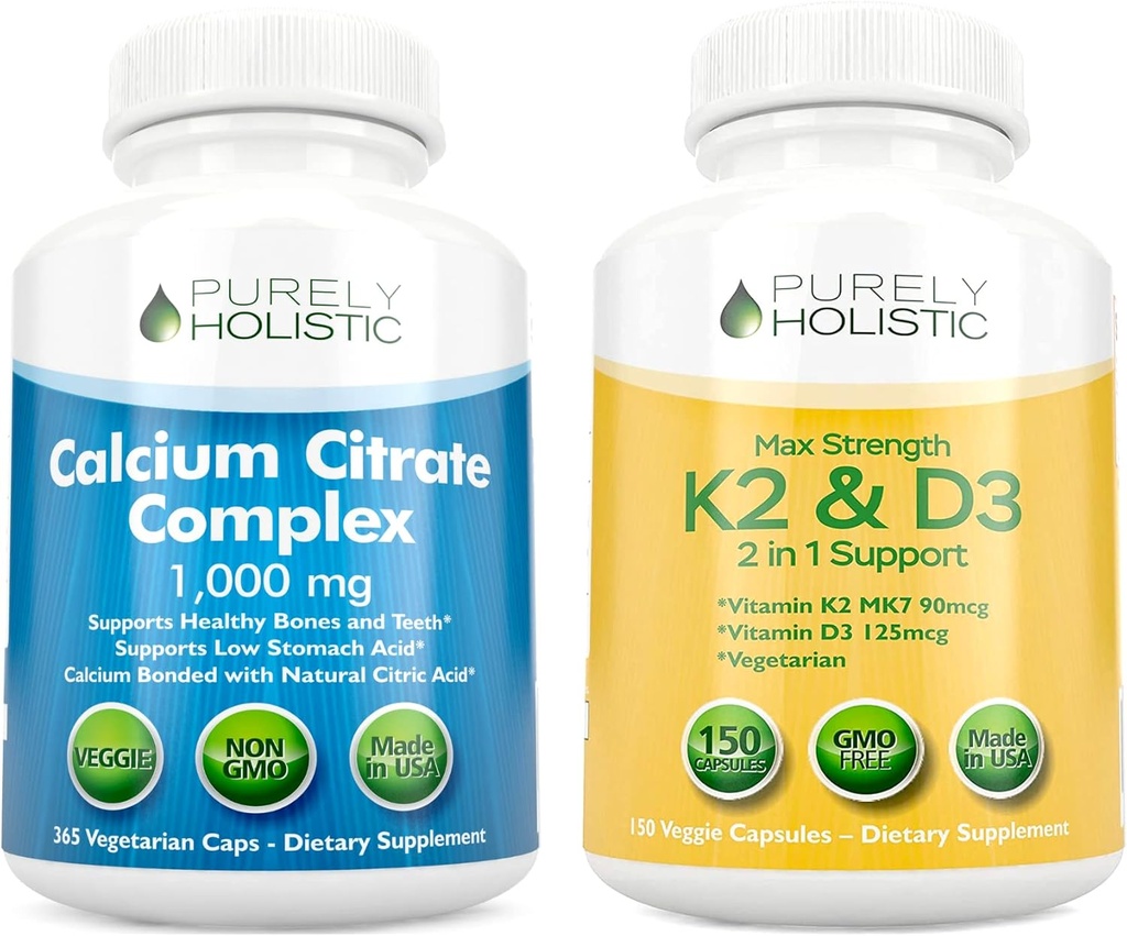 Puhtalt holistiline kaltsiumtsitraadi kompleks 1000mg + vitamiin D3 125mcg K2 MK7 90mcg - 365 vegankapslit + 150 taimekapslit Bundle - valmistatud USA-s