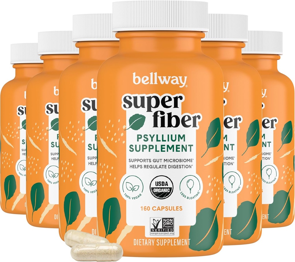 Bellway Super Fiber Kapslid (6 Pack) - USDA Orgaaniline Psyllium Husk Kapslid - Daily Psyllium Husk Fiber toidulisand seedetrakti tervist ja korrapärasust, Taimepõhine, Non-GMO, Kosher - 960 kapslit