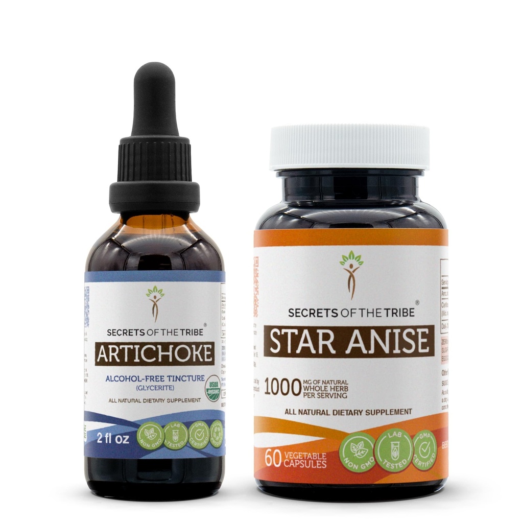 Artišokk USDA orgaaniline ja tähtaniisikapslid (2 tk) | Alkoholivaba orgaaniline artišokk (Cynara scolymus) Kuivatatud leht 2 oz ja 1000 mg tähtaniis (Illicium verum) Kuivatatud seeme (60 kapslit)