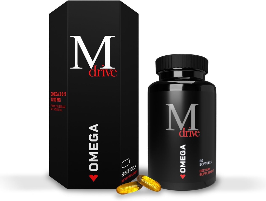 Mdrive Omega 3 kalaõli meestele, Omega 3-6-9 1200mg kalast, Borage & Flaxseed Oil, tugisüda, aju, nahk ja liigeste tervis, 60 Count