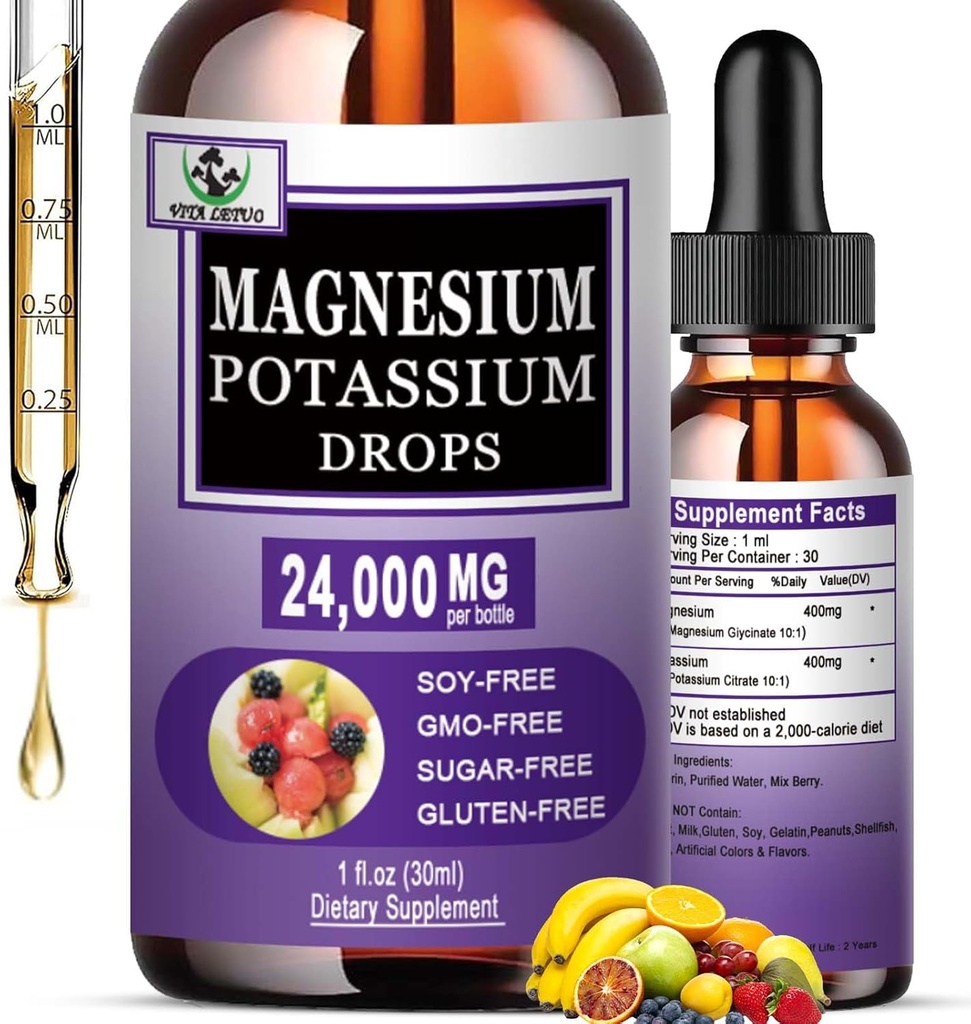 Magneesiumglütsinaat koos kaaliumlisandiga, vedel magneesiumglütsinaat 500mg kaaliumtsitraat 500mg, magneesiumvedelik tilgad veresoontele, luudele, südamele, lihastele ja närvidele Tervis, Mitte-GMO, Vegan