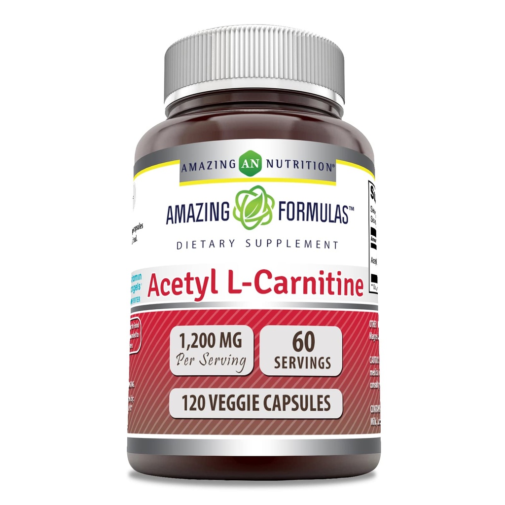 Amazing valemid Atsetüül L-karnitiini lisand | 1200 Mg | 120 Veggie kapslid | Mitte-GMO | Gluteenivaba | Valmistatud USA-s