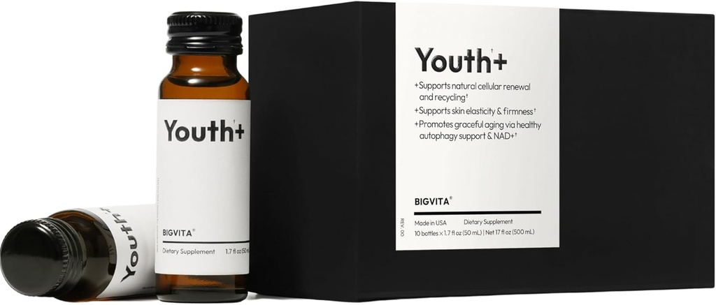 BIGVITA Youth+ | NAD+ kaadrid vananemisvastaseks võitluseks, energia, naha ja juuste terviseks, kognitiivseks toetuseks | Valmis-joomiseks täiendus | Ilu seestpoolt | Vegan, valmistatud USA-s