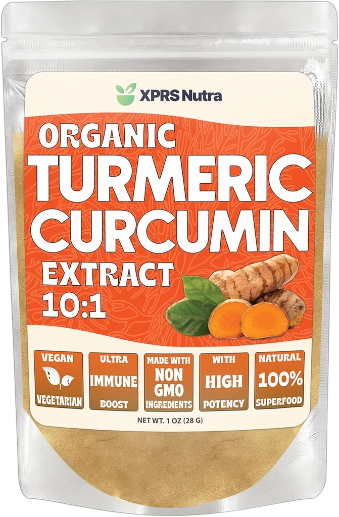 XPRS Nutra orgaaniline kurkumiinipulber Ekstrakt 10:1 - Premium USDA orgaaniline kurkumiinipulber immuunsuse jaoks - Vegan sõbralik puhas kurkumiin soolestiku tervisele (1 kord)