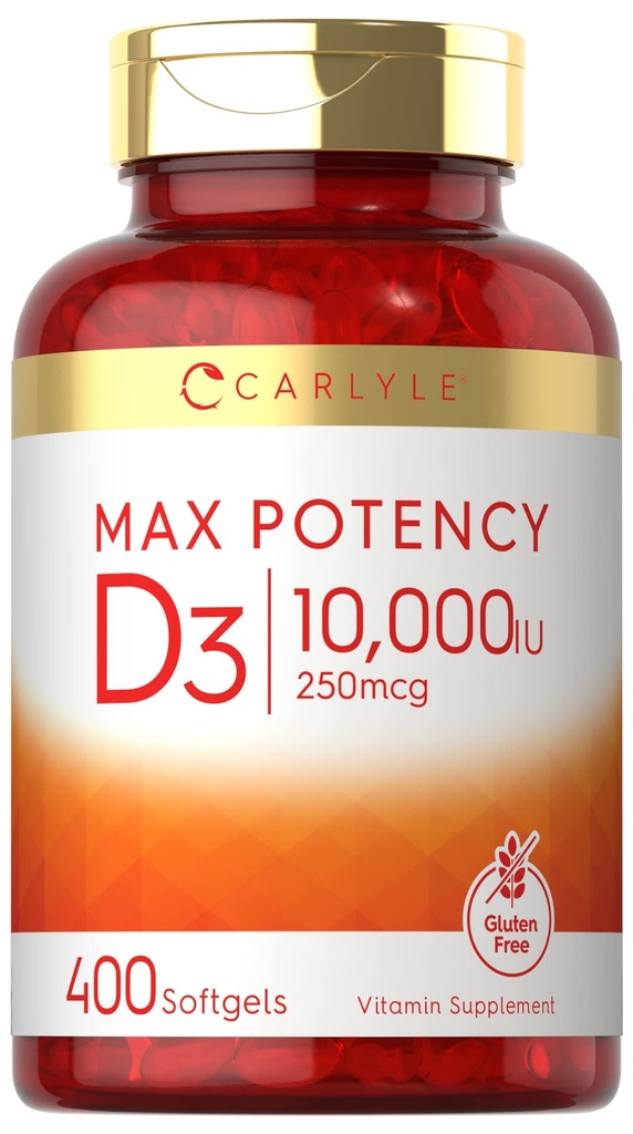Carlyle Vitamiin D 10000 IU 400 Softgels | Väärtuse suurus | Max potentsi | Mitte-GMO, gluteenivaba toidulisand