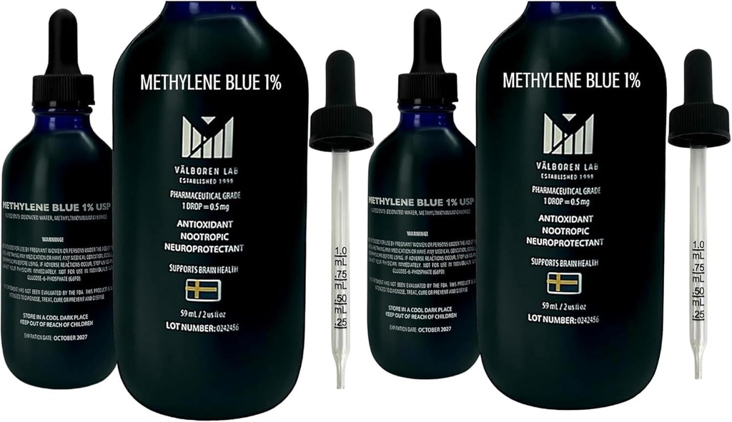 Metüleen Blue Pharmaceutical Grade Bundle - 2 oz & 4 oz pudelid - USP Hinne - valmistatud USA - Kolmanda osapoole testitud, formaldehüüdi ja alkoholivaba - Aju tervise täiendus - Metüleen 1% tilka inimestele