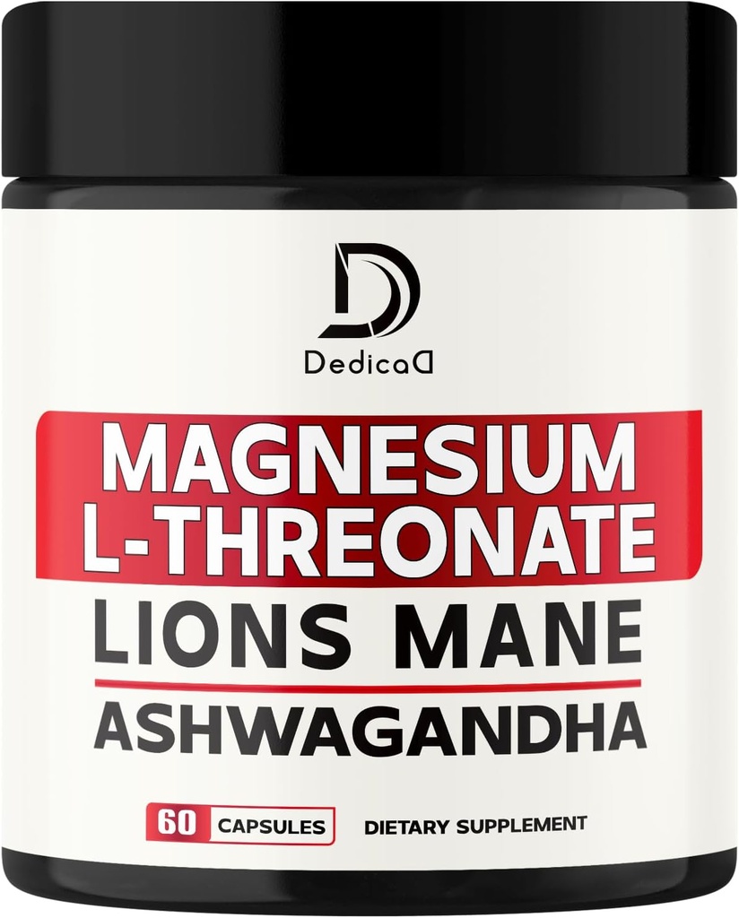 Magneesium L-Threonate Supplement koos Lions Mane & Ashwagandha Juur - 1000Mg Per Serv for 60 Count Supply - Advanced Formula Support
