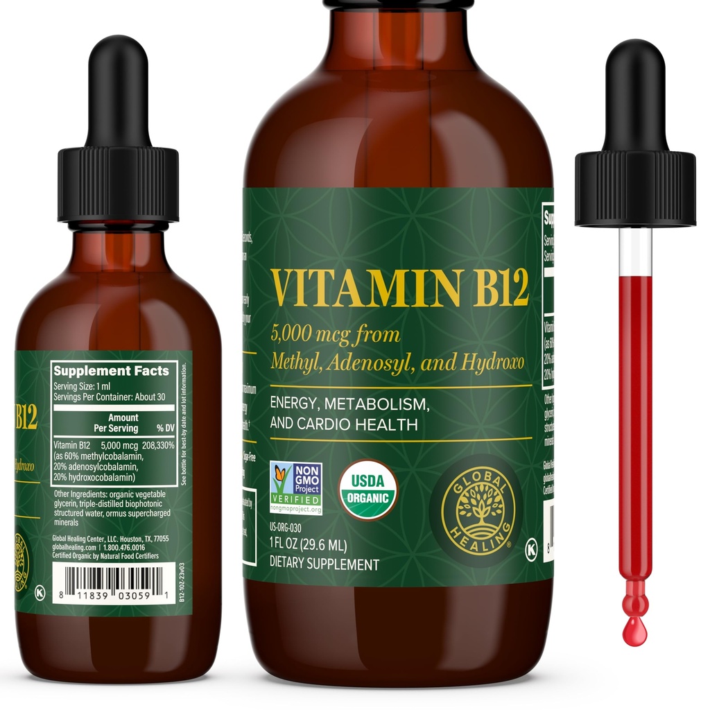 Global Healing Center - Vitamiin B12 Sublingual 5000 MCG Organic Vequid Supplement, metüülkobalamiin, adenosüülkobalamiin, hüdroksü Pikaajaline energia ja tervislik ainevahetus - Vegan B12 Vitamiinid (1 Oz)