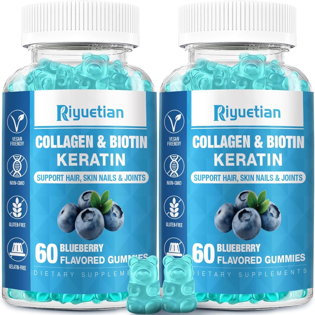 Biotin Gummies 15000mcg koos kollageeniga täiskasvanutele naistele ja meestele - juuksed, nahk ja küüned kummikud biotiiniga - kollageen naistele - vegan, mitte-GMO, juuste vitamiinid - 120 loend, 2 Pack