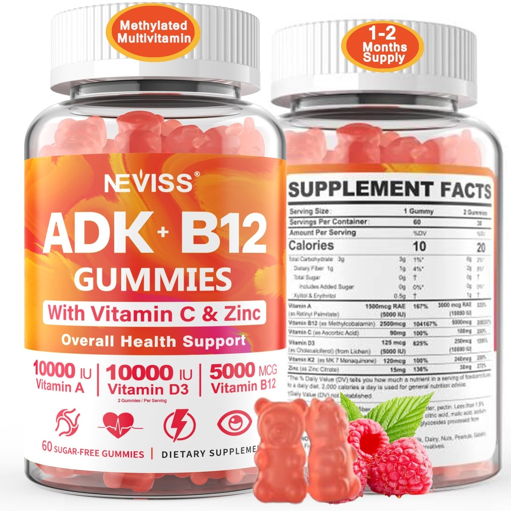 Metüülitud multivitamiini naised mehed, vitamiin D3 K2 5000IU / 10000IU, B12 5000 mcg 2500mcg, K2 (MK-7) 240mcg- ADK + metüülvitamiin B12, Vegan D3, Vitamiin A, C, tsinksilm, luu, energia, immun, suhkruvabad kummikud