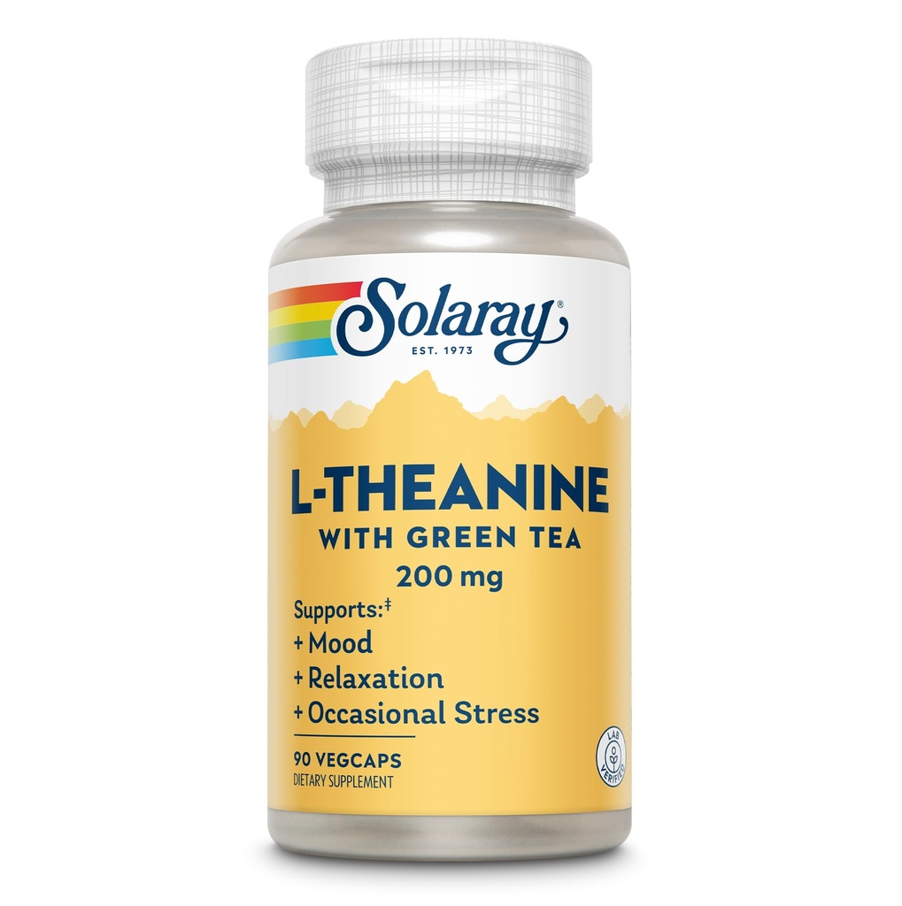 SOLARAY L-Theanine 200mg rohelise teega - tervislik meeleolu, lõdvestumine ja juhuslik stressitoetus - Lab Verified, Vegan, Gluteenivaba - 90 Servings, 90 VegCaps