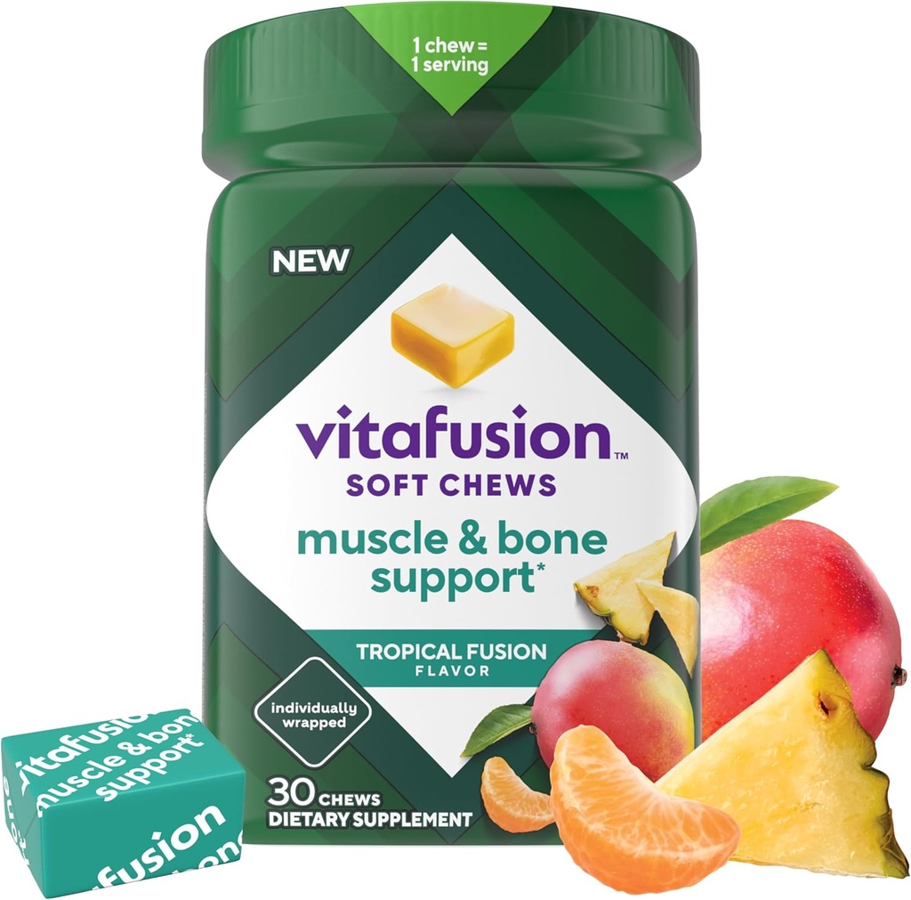 Vitafusion Pehmed närimised Lihas- ja Luutoetus (1), Täiskasvanute näritav D-vitamiin luude ja lihaste toetamiseks, individuaalselt pakitud, troopiline fusion maitse, 30 närimist, 30 päeva pakkumine
